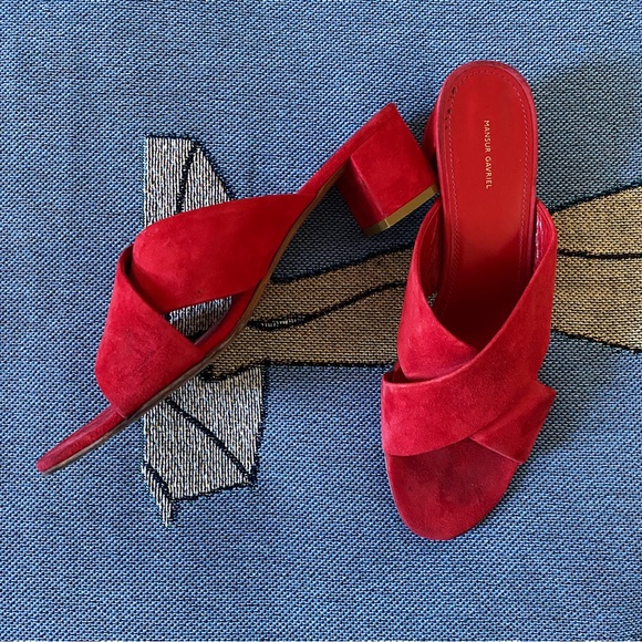 Mansur Gavriel Cross Strap Suede Red Mule Shoe - Picture 1 of 7